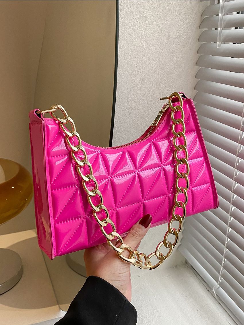 Artificial Patent Leather Quilted Baguette Bag