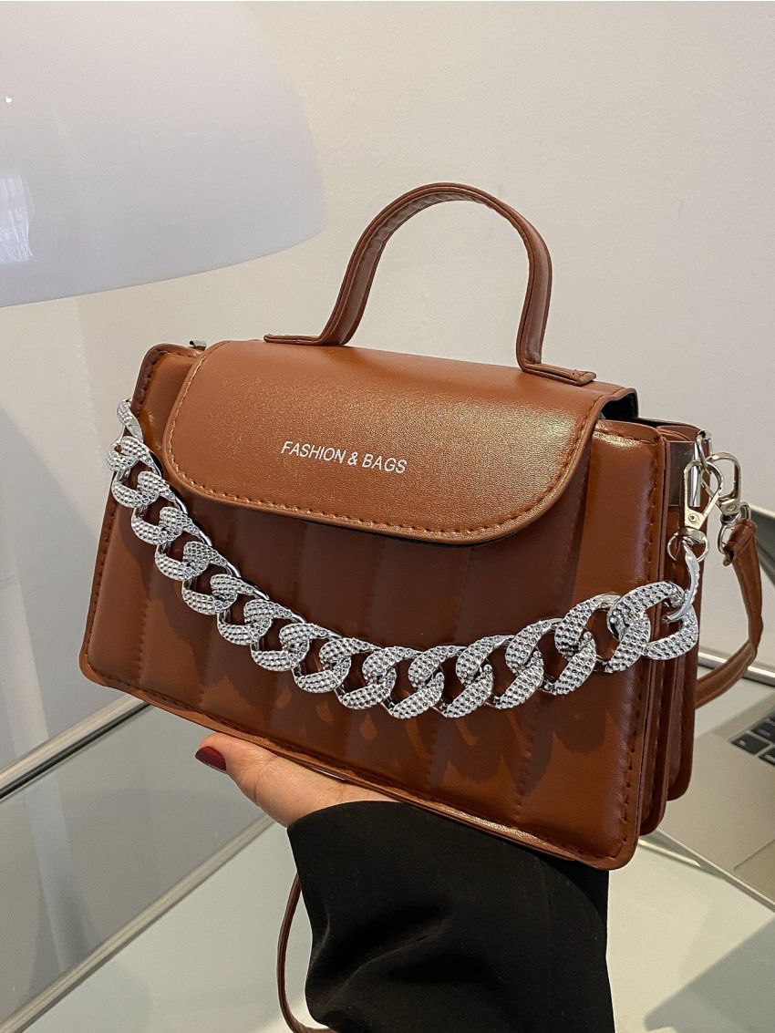 Letter Graphic Chain Decor Flap Square Bag