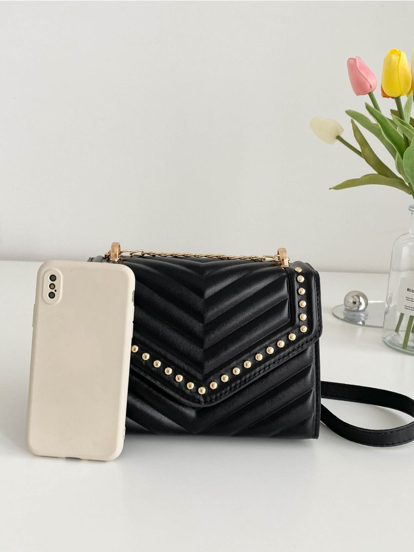 Mini Chevron Detail Studded Decor Flap Chain Square Bag