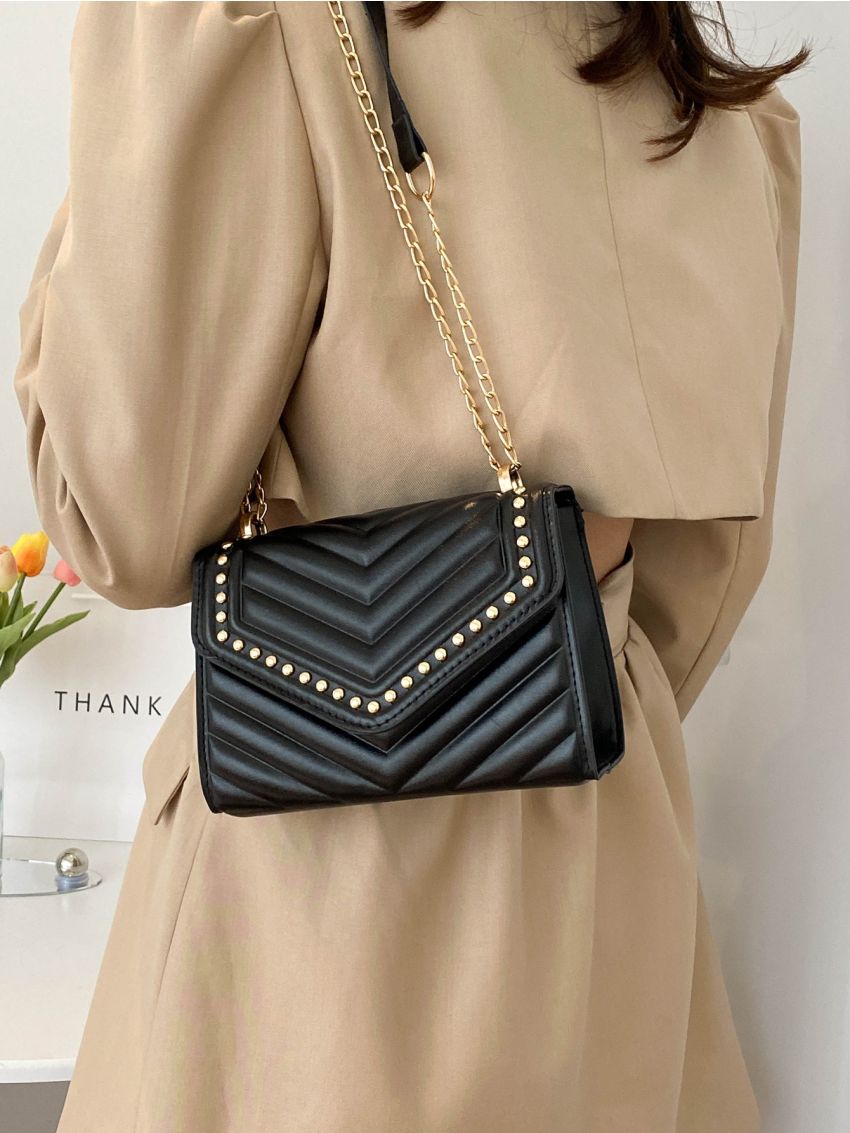 Mini Chevron Detail Studded Decor Flap Chain Square Bag