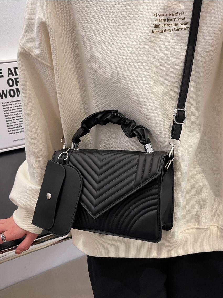 Chevron Detail Ruched Flap Square Bag With Coin Purse