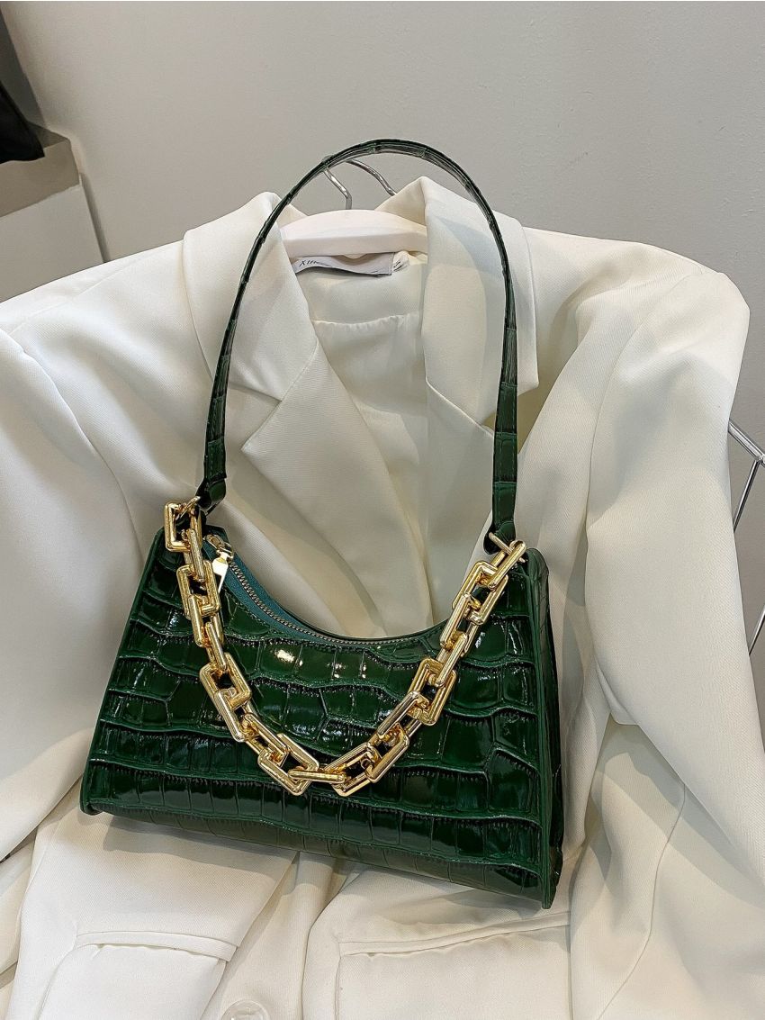 Crocodile Embossed Chain Baguette Bag
