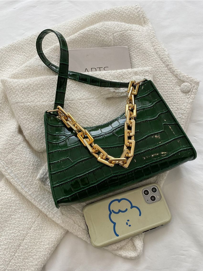 Crocodile Embossed Chain Baguette Bag