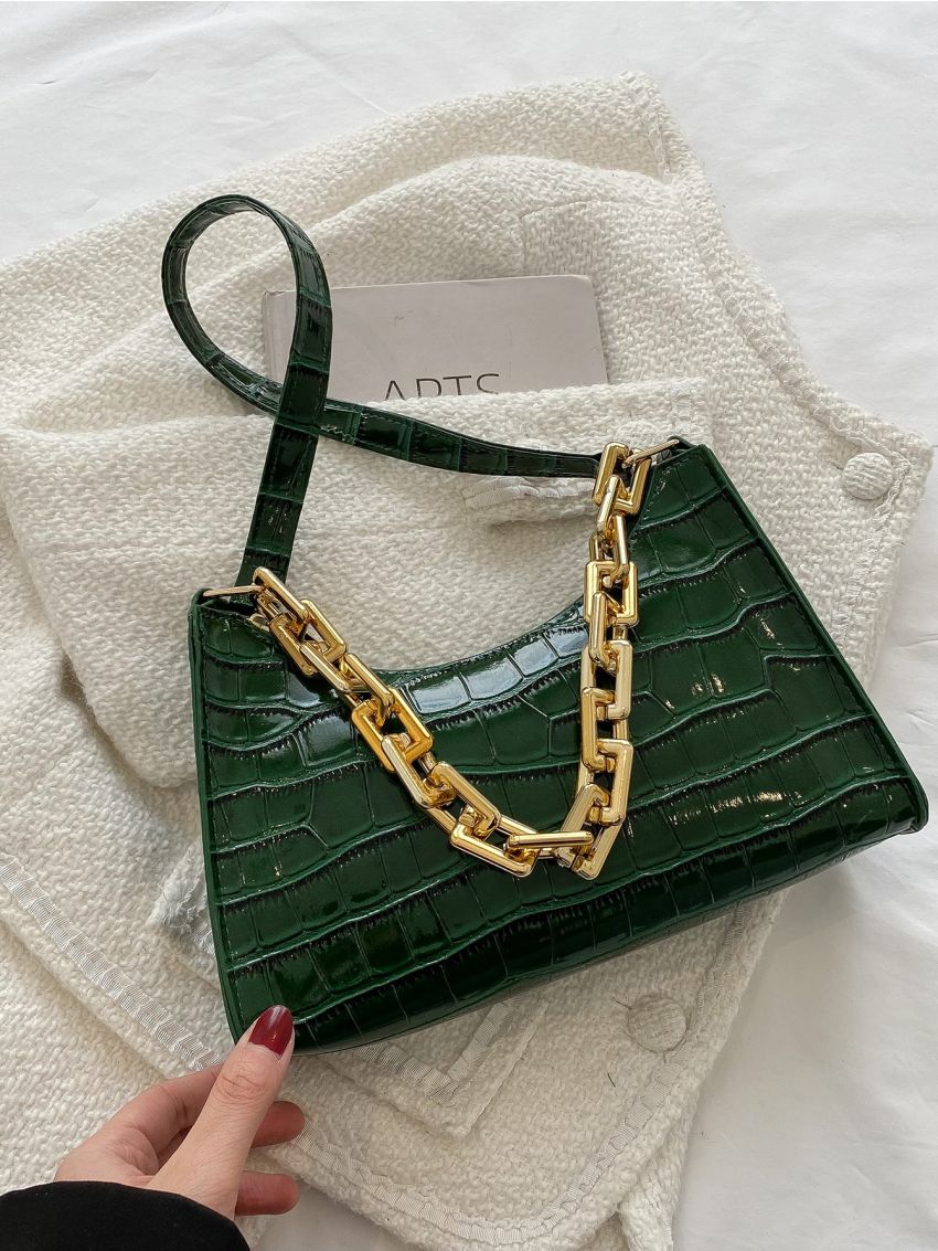 Crocodile Embossed Chain Baguette Bag