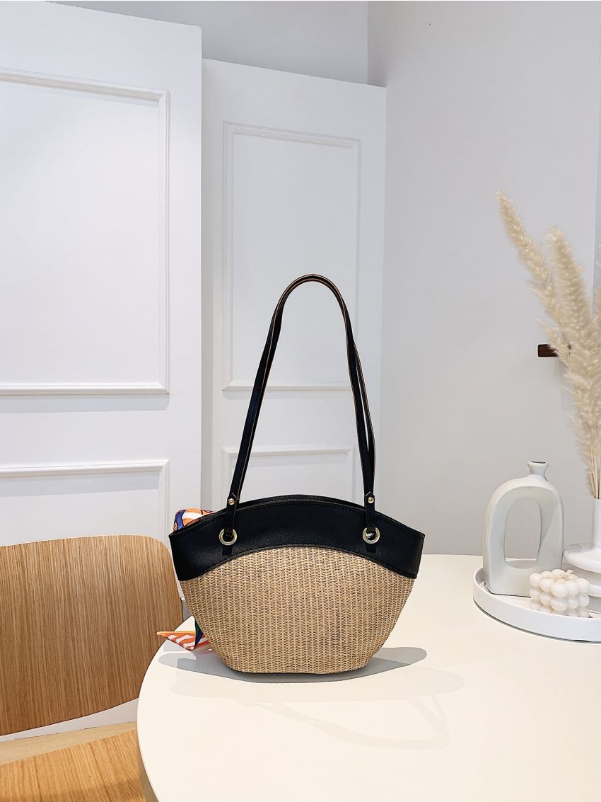 Letter Graphic Color Block Twilly Scarf Decor Straw Bag