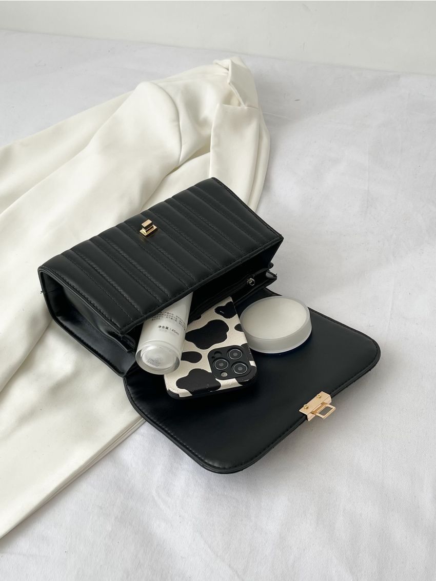 Quilted Twist Lock Chain Flap Square Bag