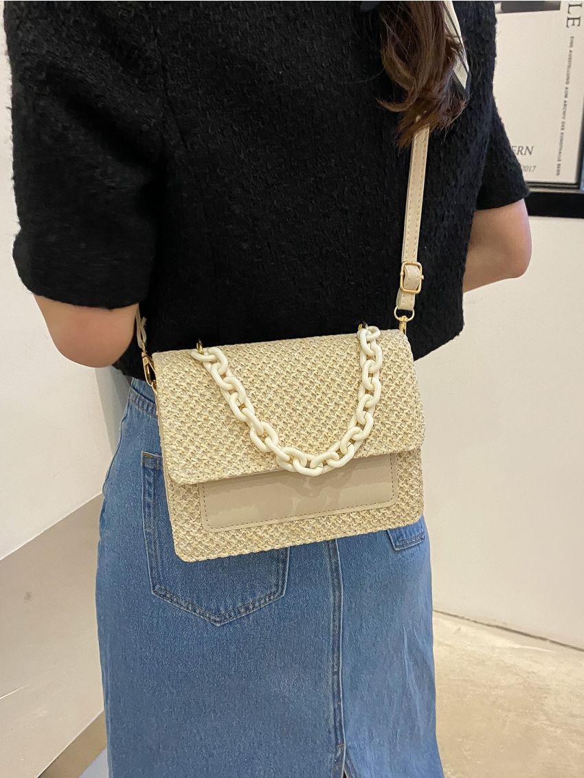 Mini Chain Decor Flap Straw Bag
