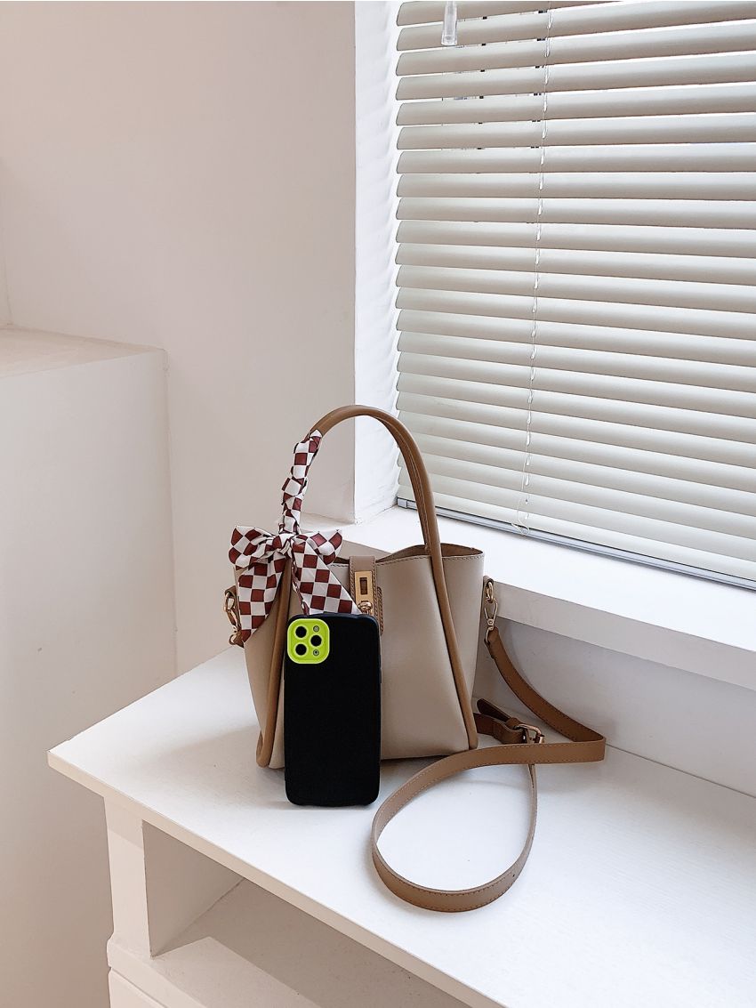 Twilly Scarf Decor Turn Lock Bucket Bag With Inner Pouch