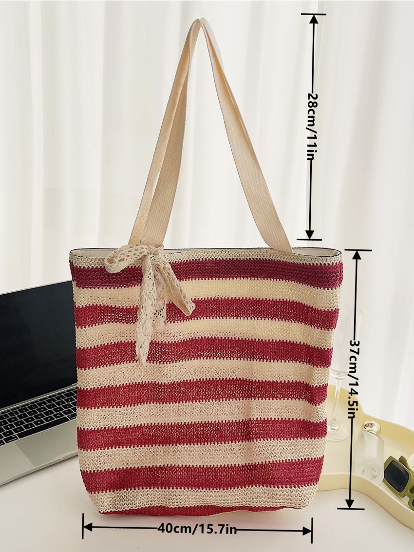 Striped Pattern Bow Decor Straw Bag