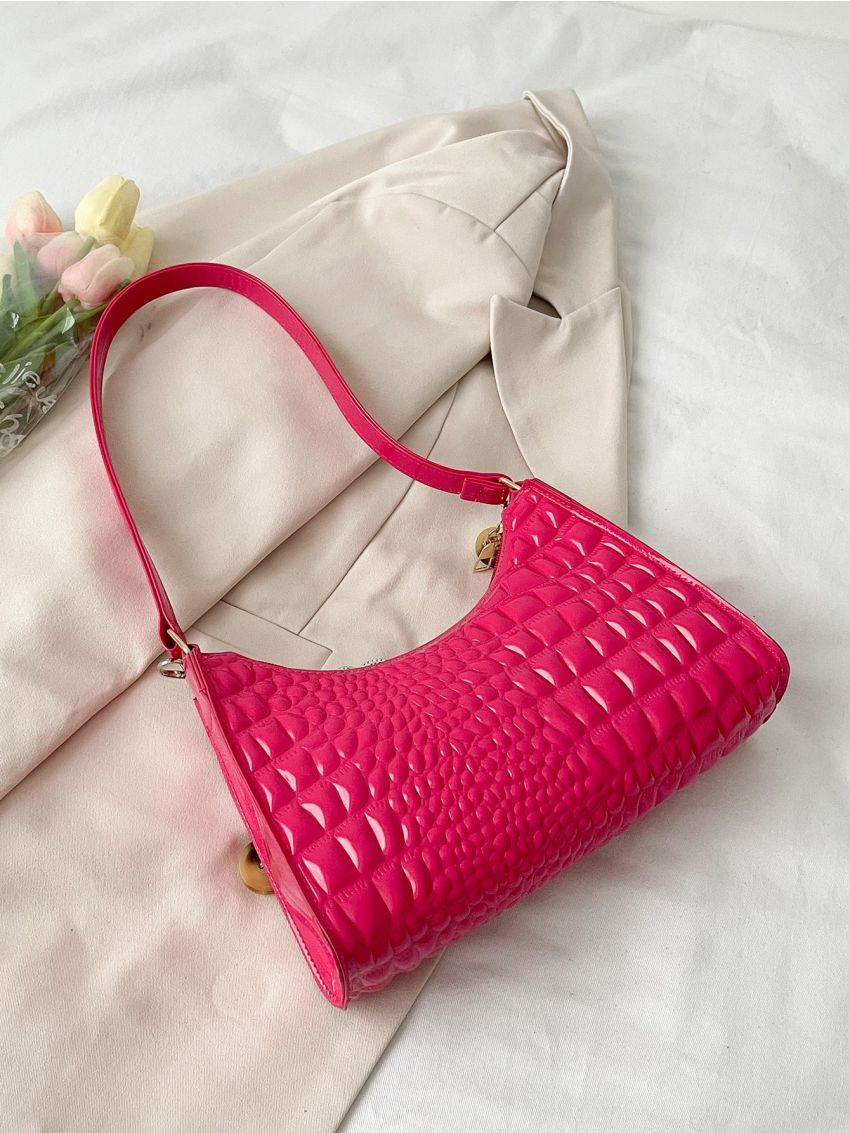 Crocodile Embossed Artificial Patent Leather Baguette Bag