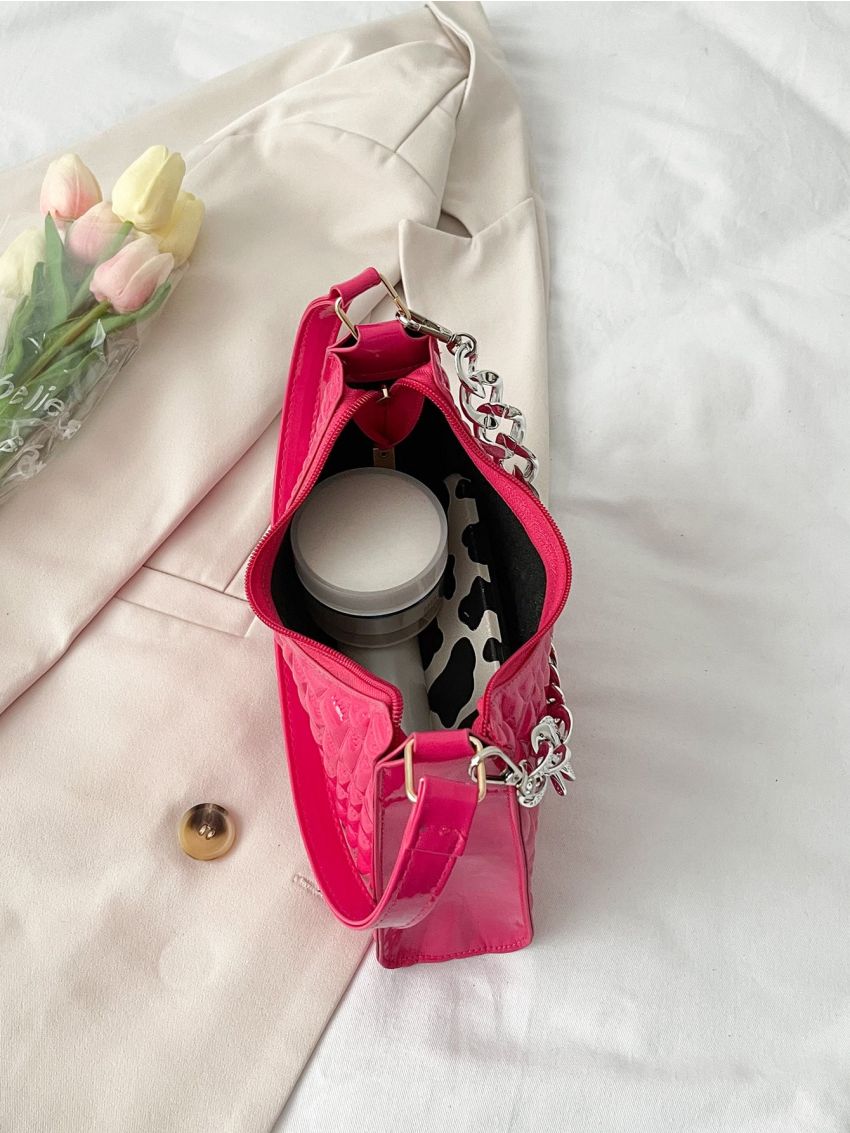 Crocodile Embossed Artificial Patent Leather Baguette Bag