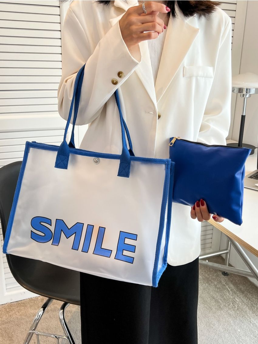 Letter Graphic Shoulder Tote Bag With Inner Pouch