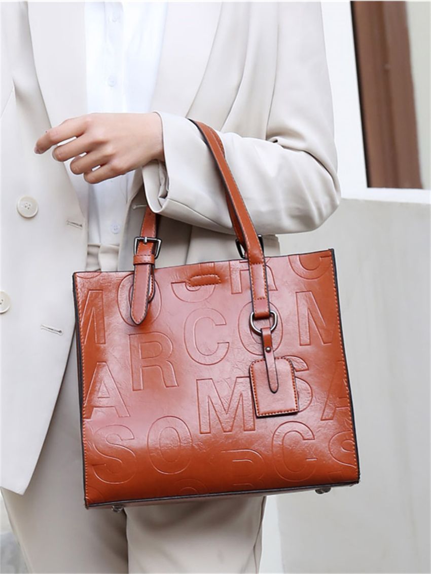 Letter Embossed Shoulder Tote Bag With Long Wallet