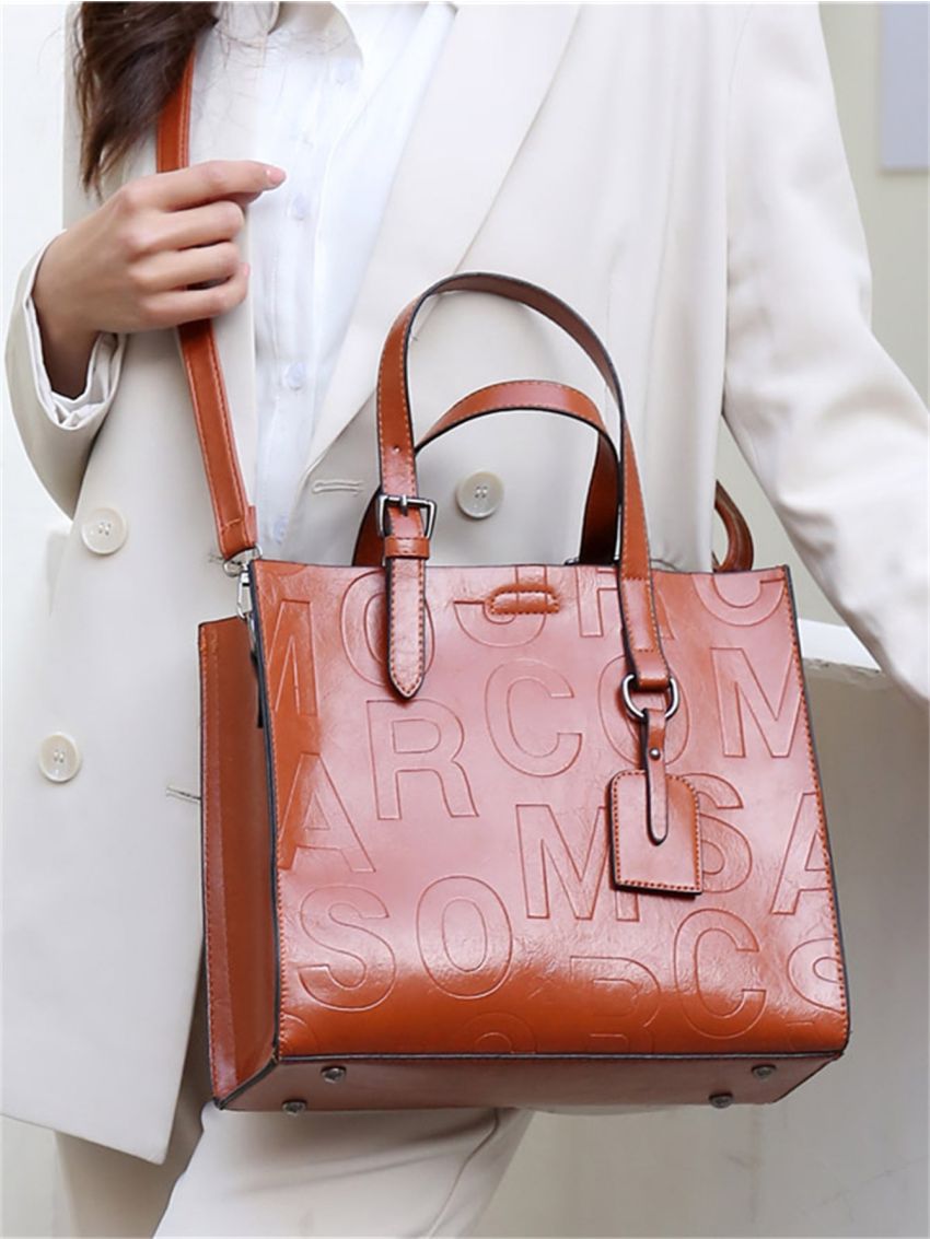 Letter Embossed Shoulder Tote Bag With Long Wallet