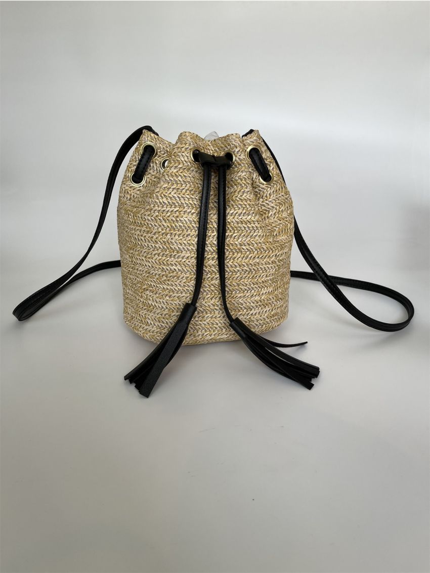 Tassel Decor Drawstring Design Straw Bag