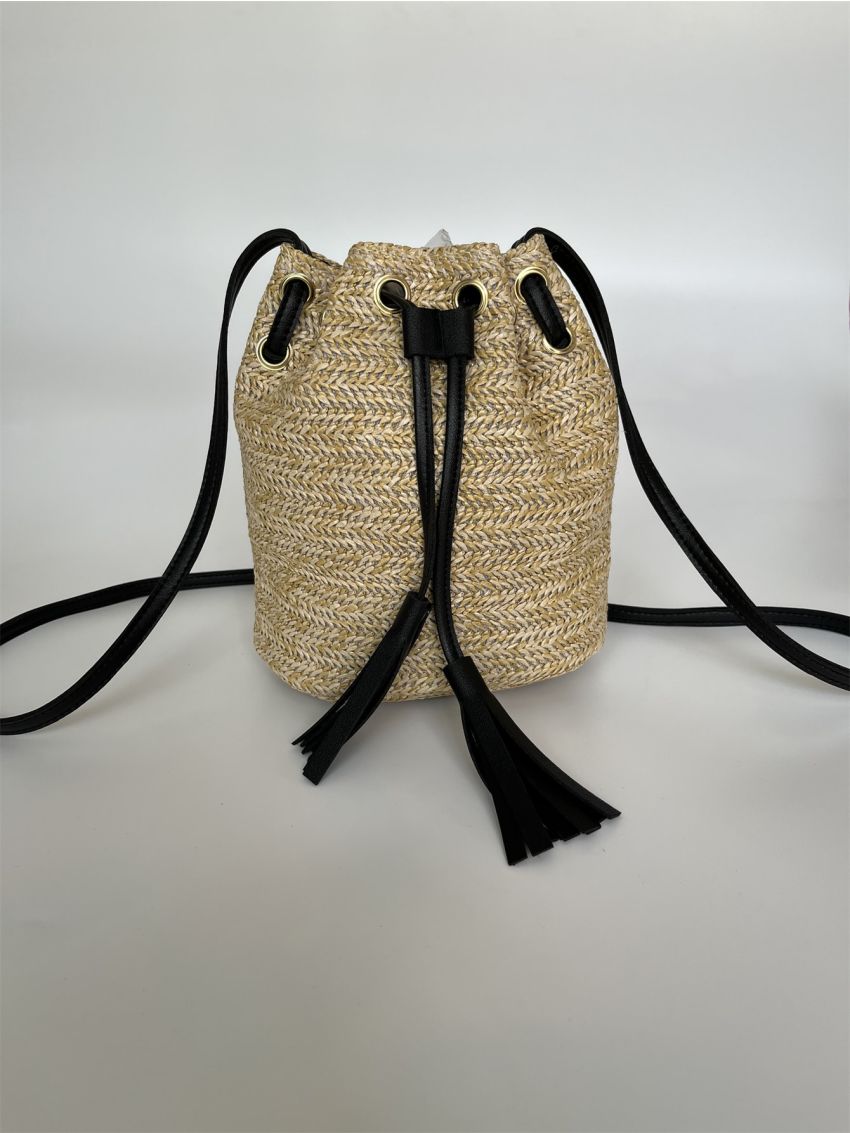 Tassel Decor Drawstring Design Straw Bag