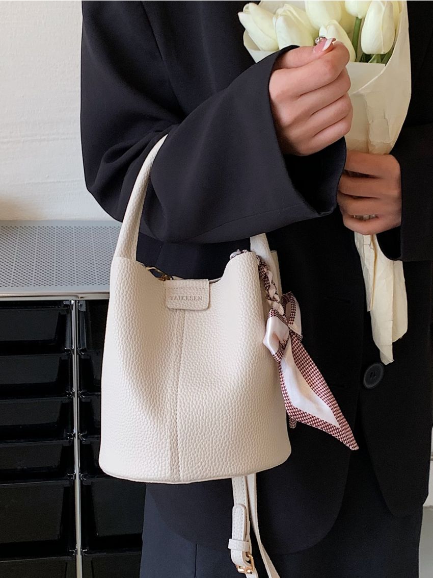 Letter Detail Textured Bucket Bag