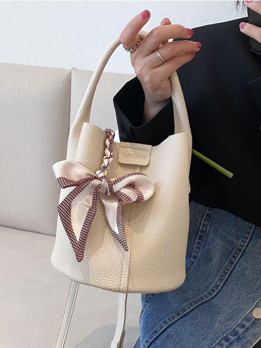 Letter Detail Textured Bucket Bag
