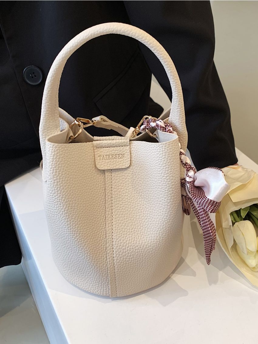 Letter Detail Textured Bucket Bag