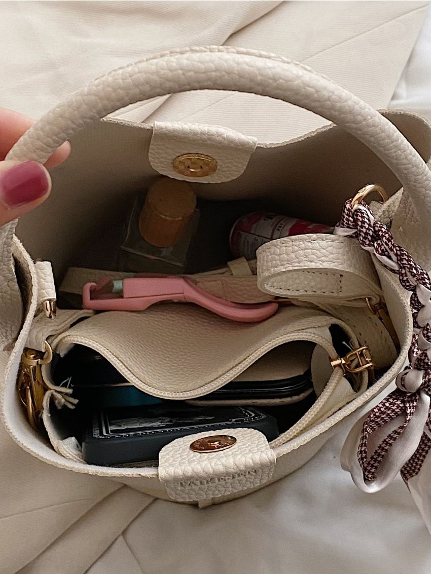 Letter Detail Textured Bucket Bag