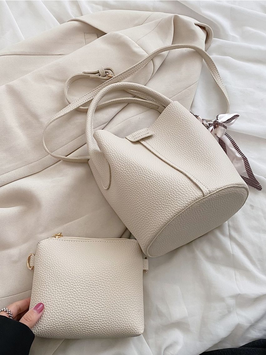 Letter Detail Textured Bucket Bag