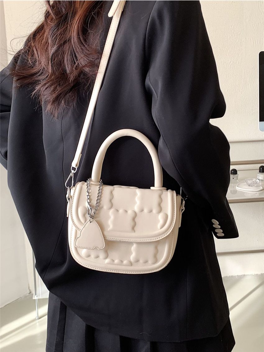 Mini Geometric Embossed Flap Square Bag With Bag Charm