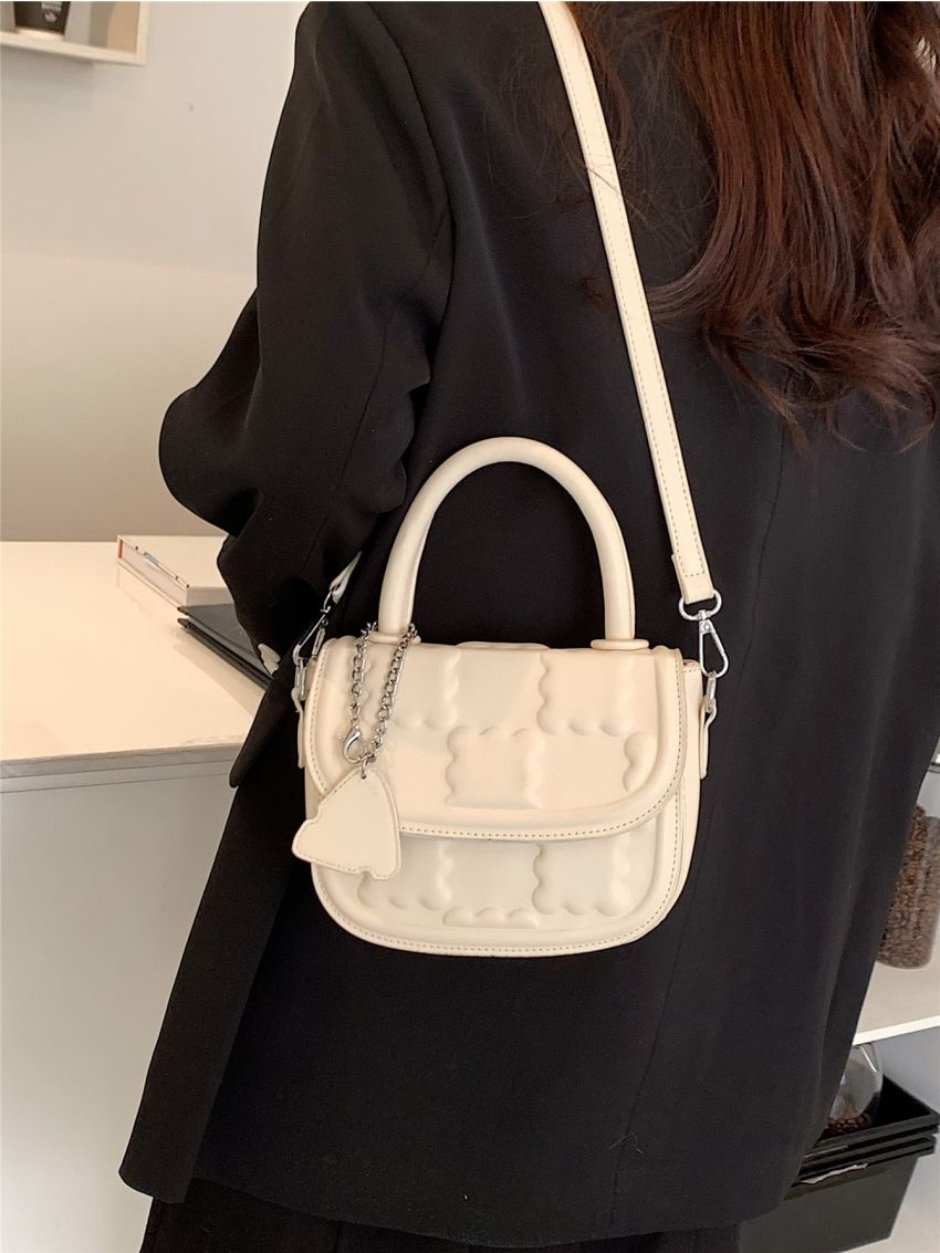 Mini Geometric Embossed Flap Square Bag With Bag Charm