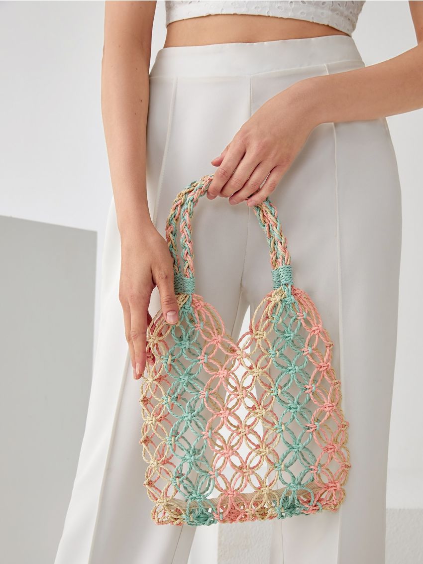 Colorblock Crochet Detail Straw Bag