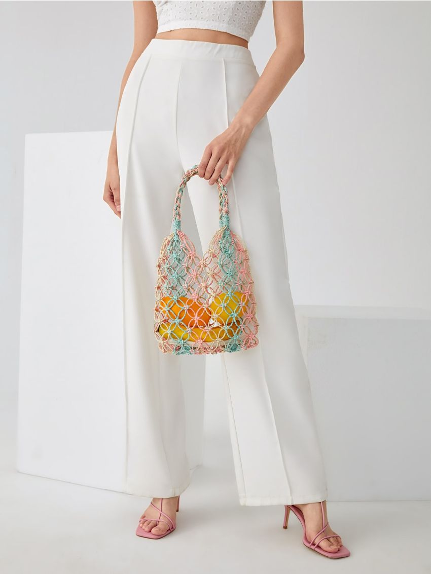 Colorblock Crochet Detail Straw Bag