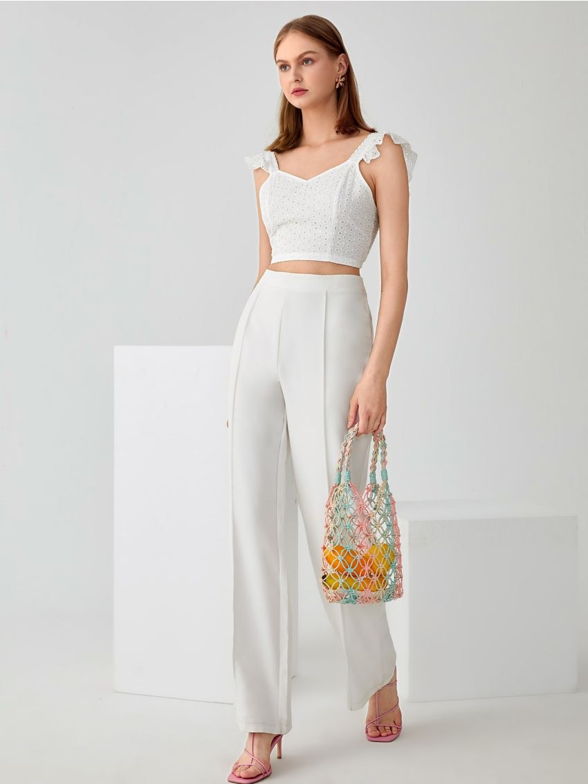 Colorblock Crochet Detail Straw Bag