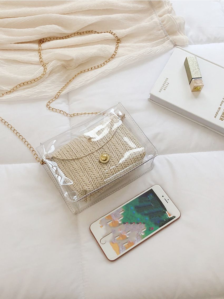 Mini Button Decor Transparent Chain Straw Detail Square Bag