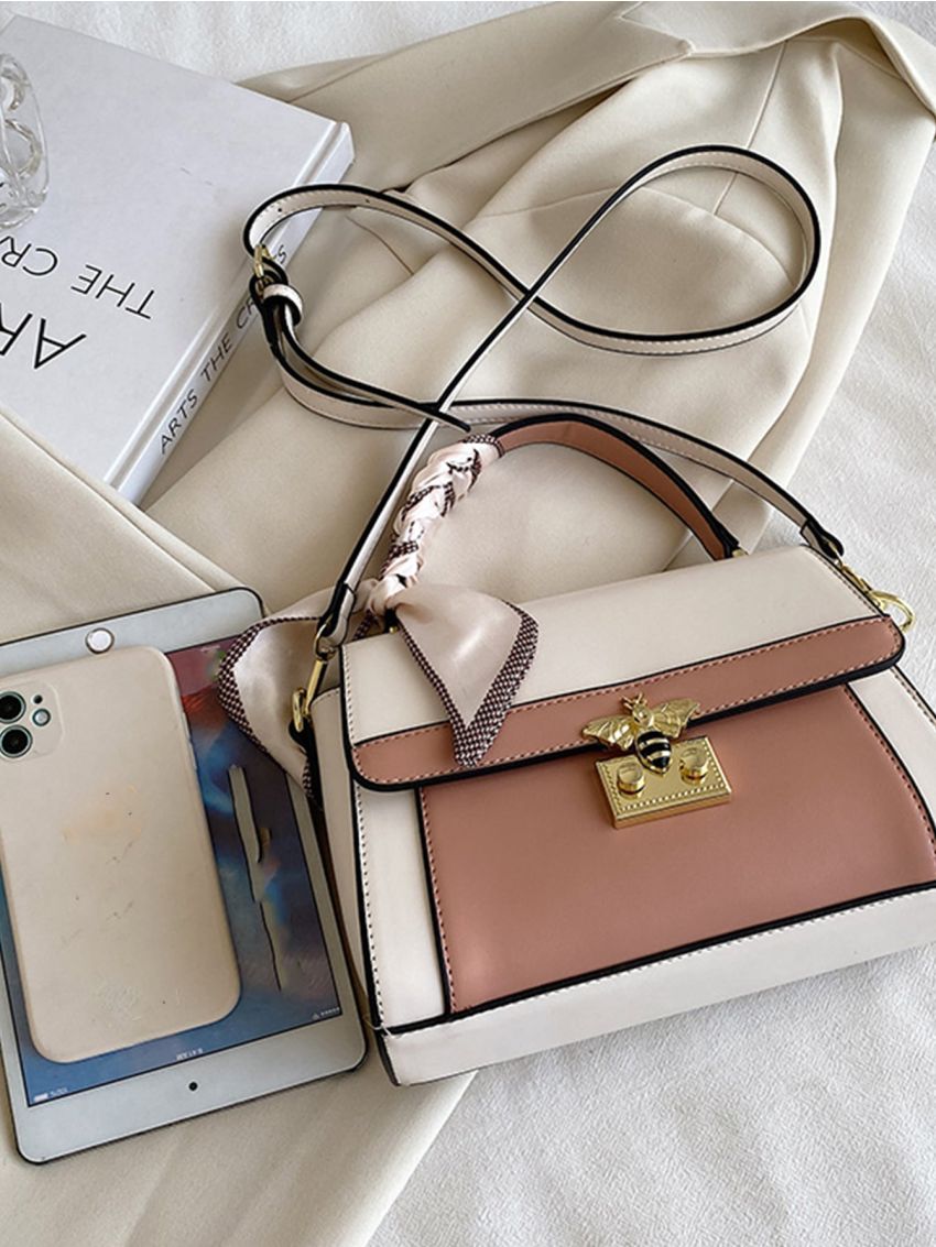 Mini Twilly Scarf Decor Colorblock Push Lock Flap Square Bag