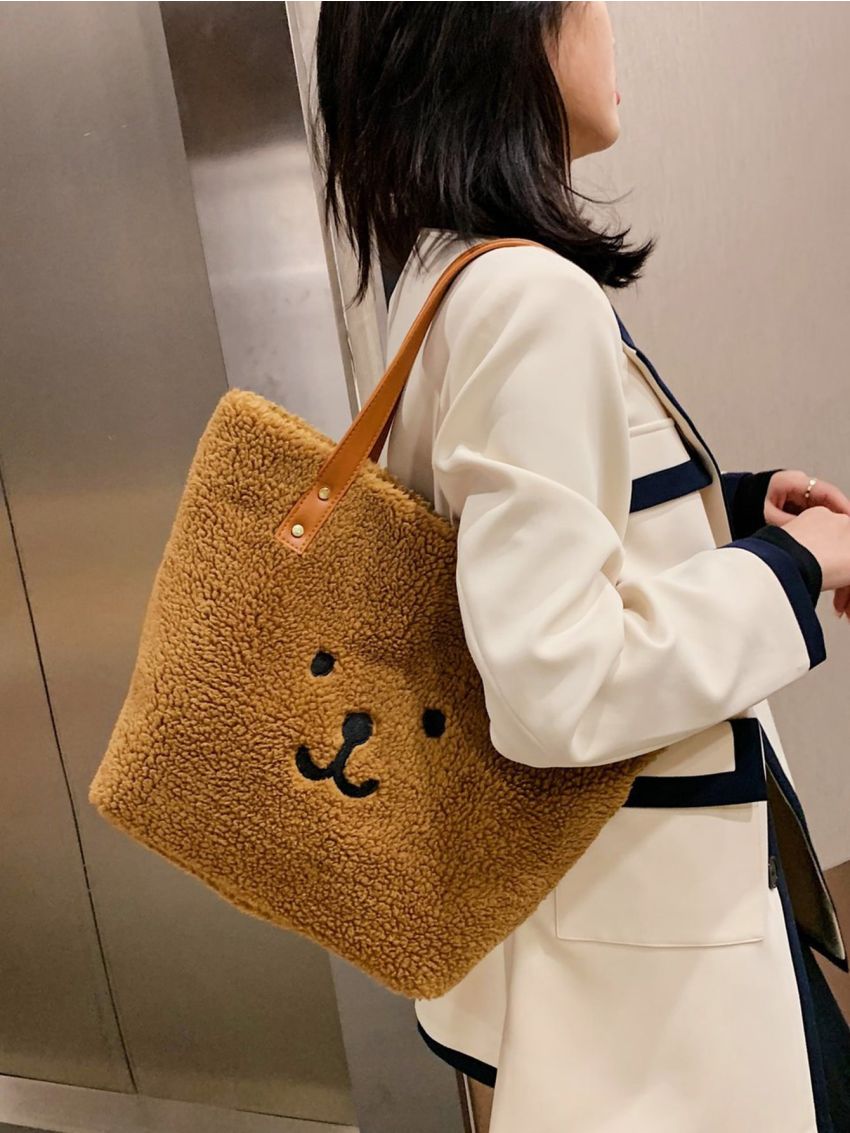 Cartoon Embroidered Fluffy Shoulder Tote Bag