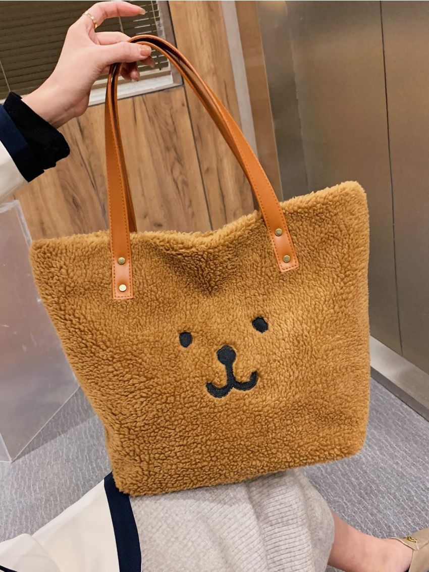 Cartoon Embroidered Fluffy Shoulder Tote Bag