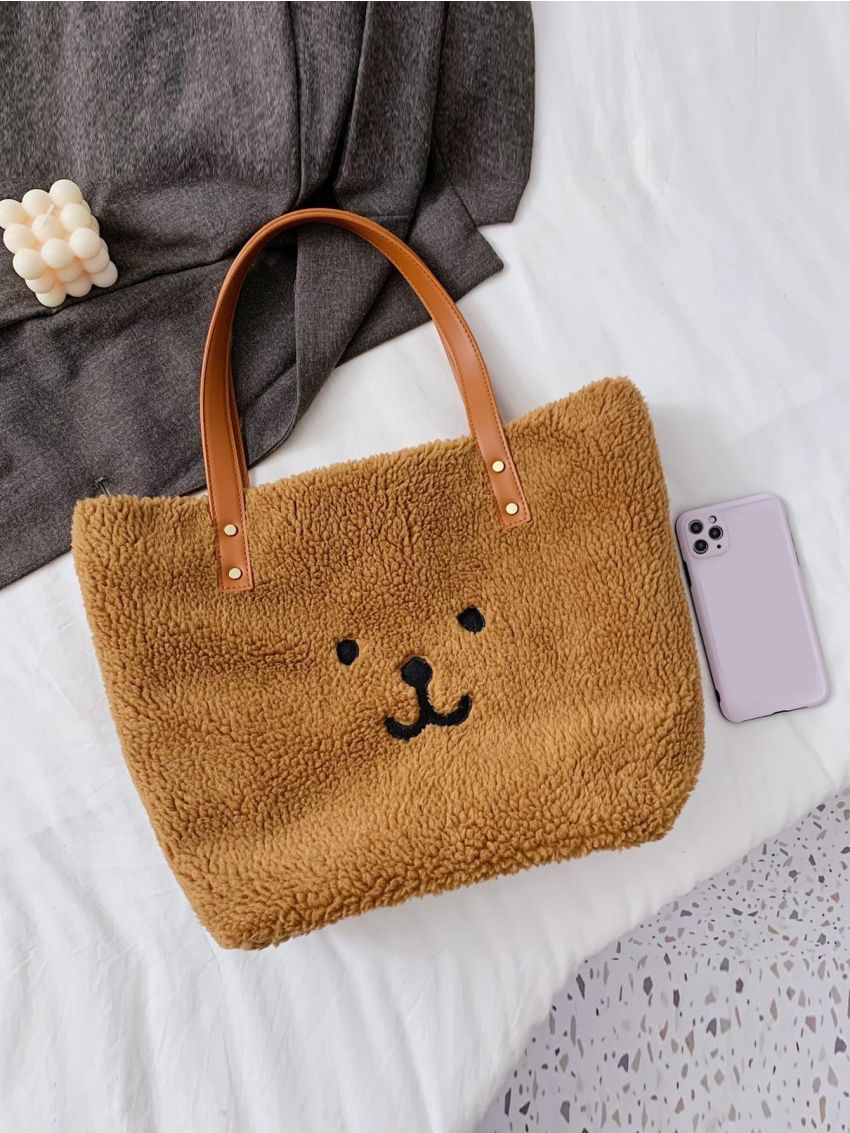 Cartoon Embroidered Fluffy Shoulder Tote Bag