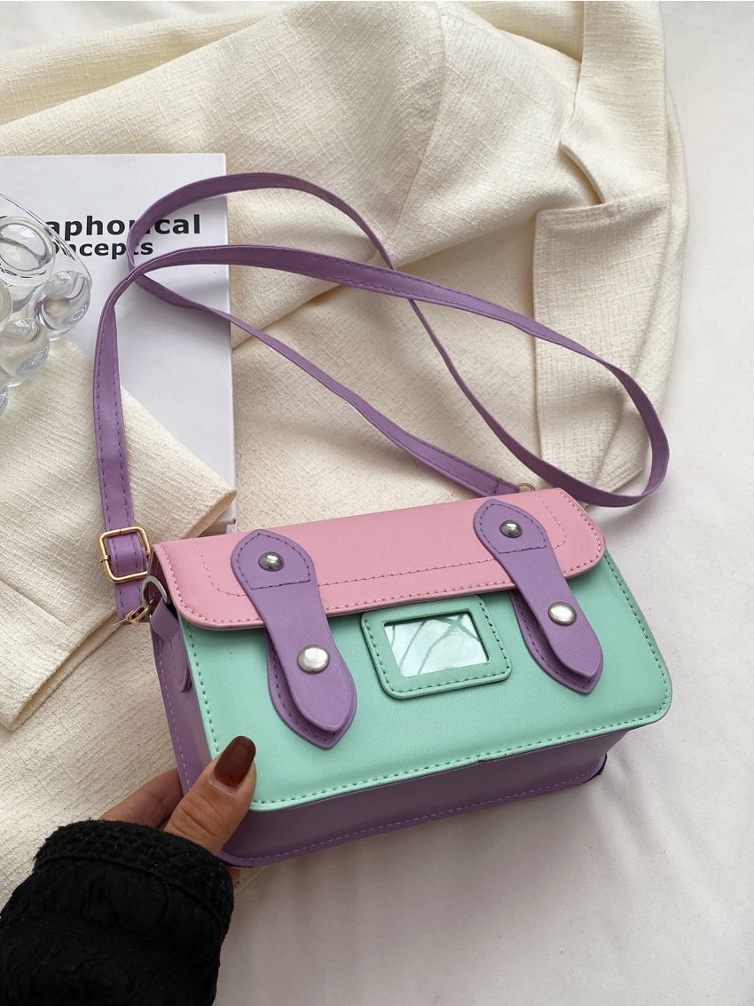 Mini Color Block Button Decor Flap Square Bag