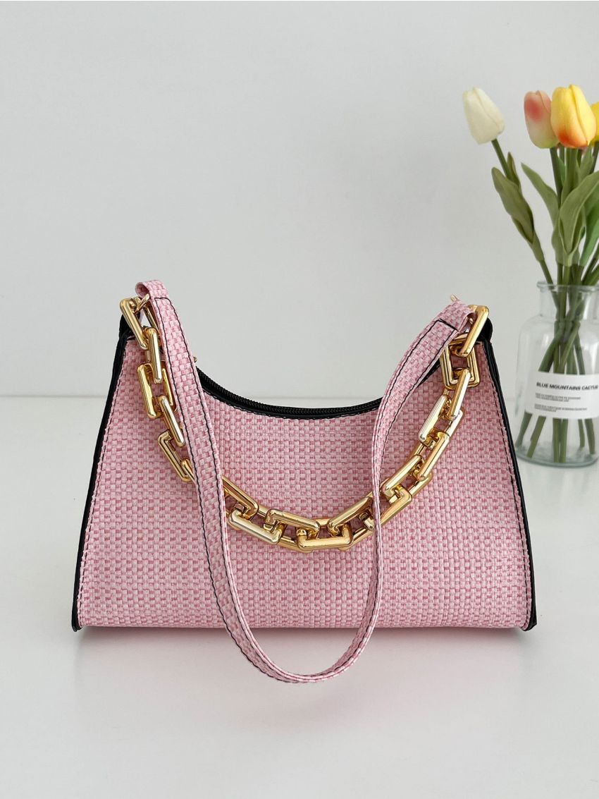 Braided Textured Chain Decor Baguette Bag