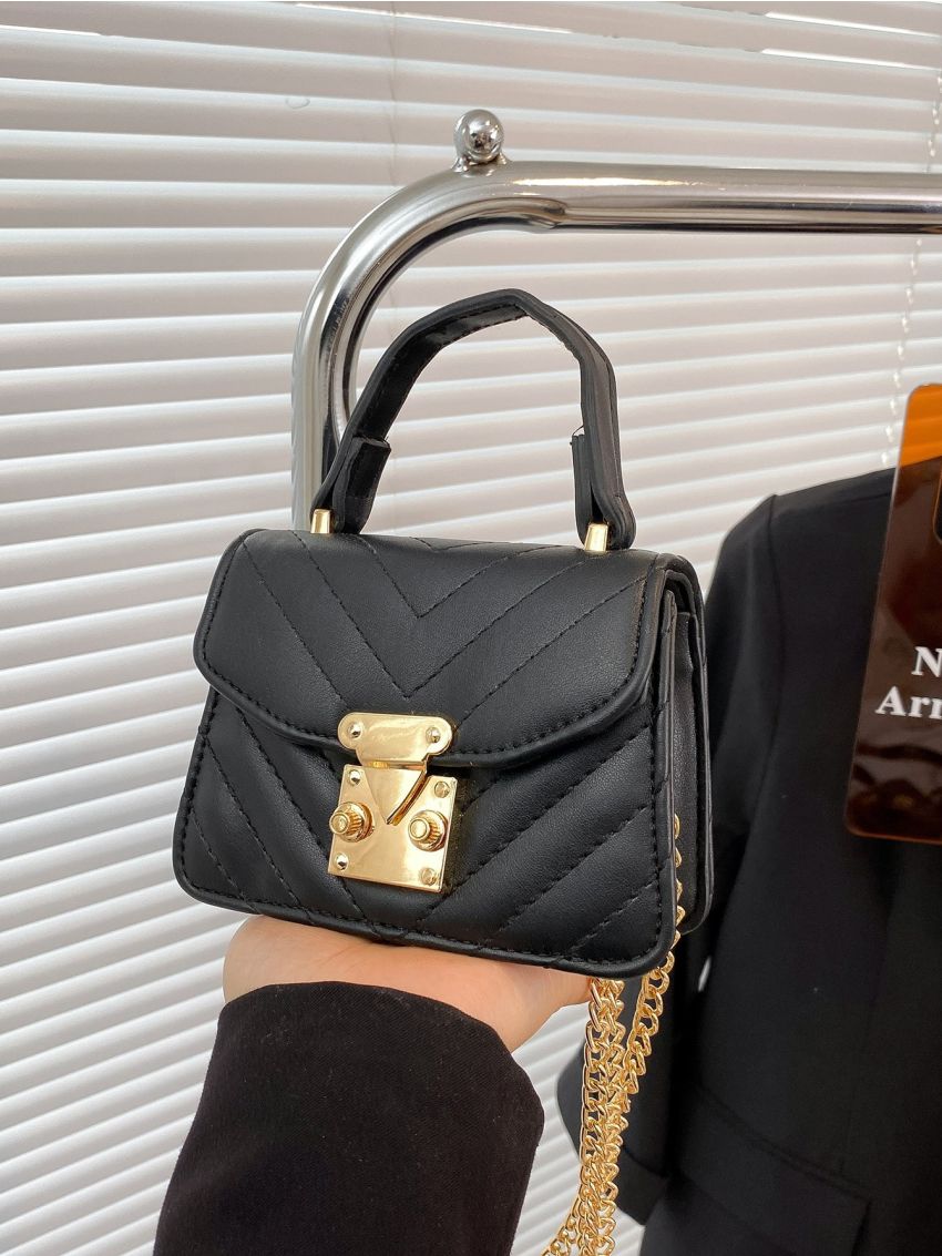 Mini Push Lock Quilted Top Handle Flap Chain Square Bag