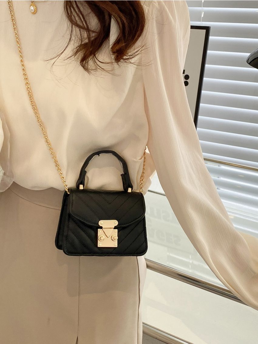Mini Push Lock Quilted Top Handle Flap Chain Square Bag