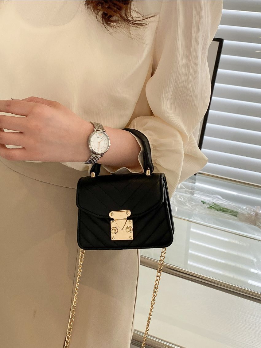 Mini Push Lock Quilted Top Handle Flap Chain Square Bag