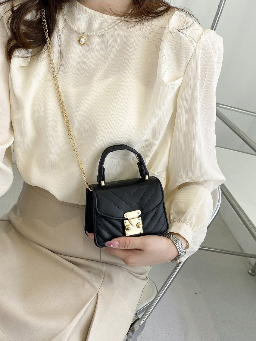 Mini Push Lock Quilted Top Handle Flap Chain Square Bag