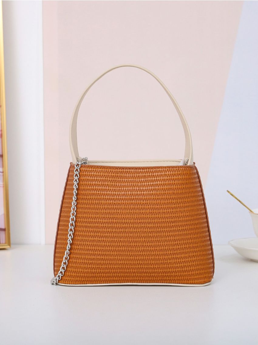 Mini Contrast Binding Top Handle Chain Bucket Bag