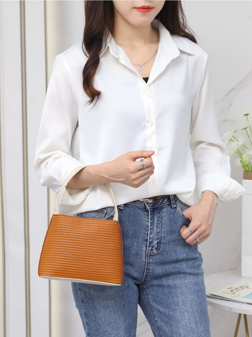 Mini Contrast Binding Top Handle Chain Bucket Bag