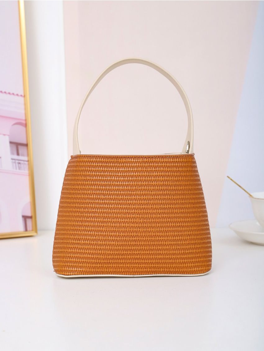 Mini Contrast Binding Top Handle Chain Bucket Bag