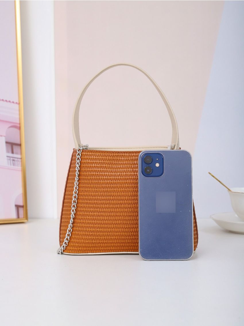 Mini Contrast Binding Top Handle Chain Bucket Bag