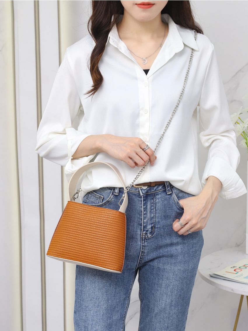 Mini Contrast Binding Top Handle Chain Bucket Bag