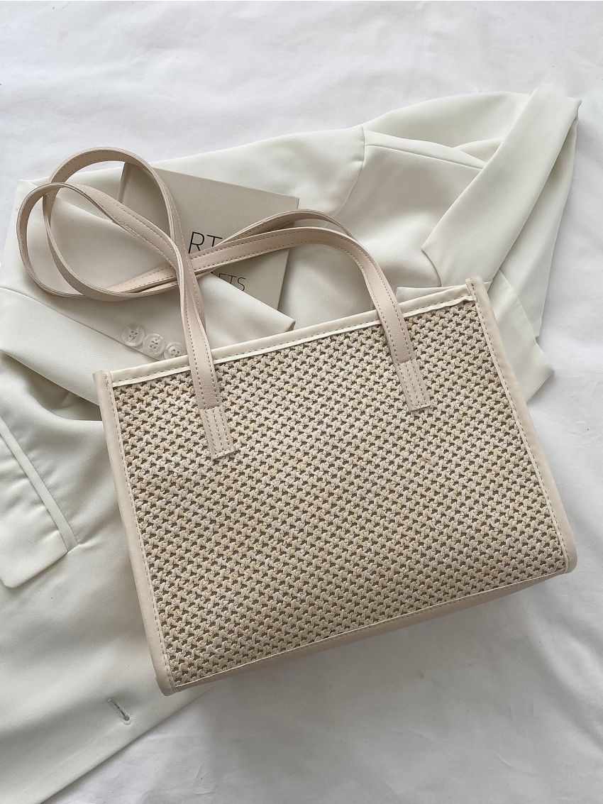 Letter Tape Decor Contrast Binding Straw Bag