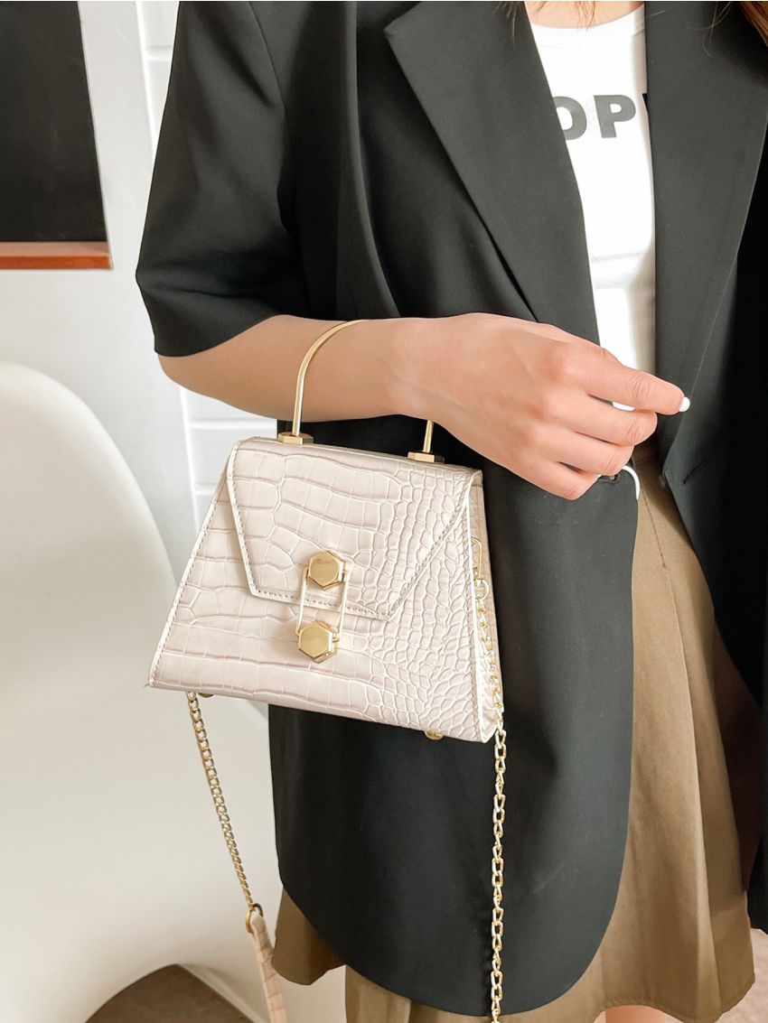 Mini Crocodile Embossed Metal Lock Flap Chain Square Bag