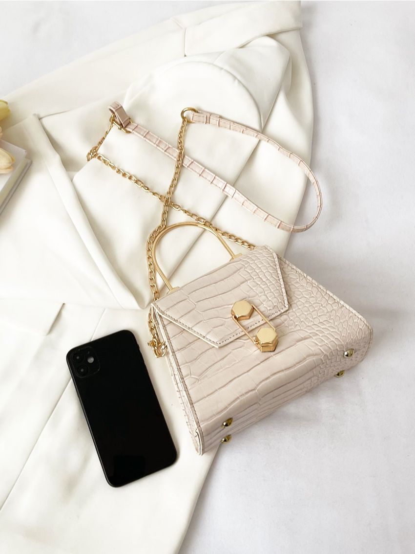 Mini Crocodile Embossed Metal Lock Flap Chain Square Bag