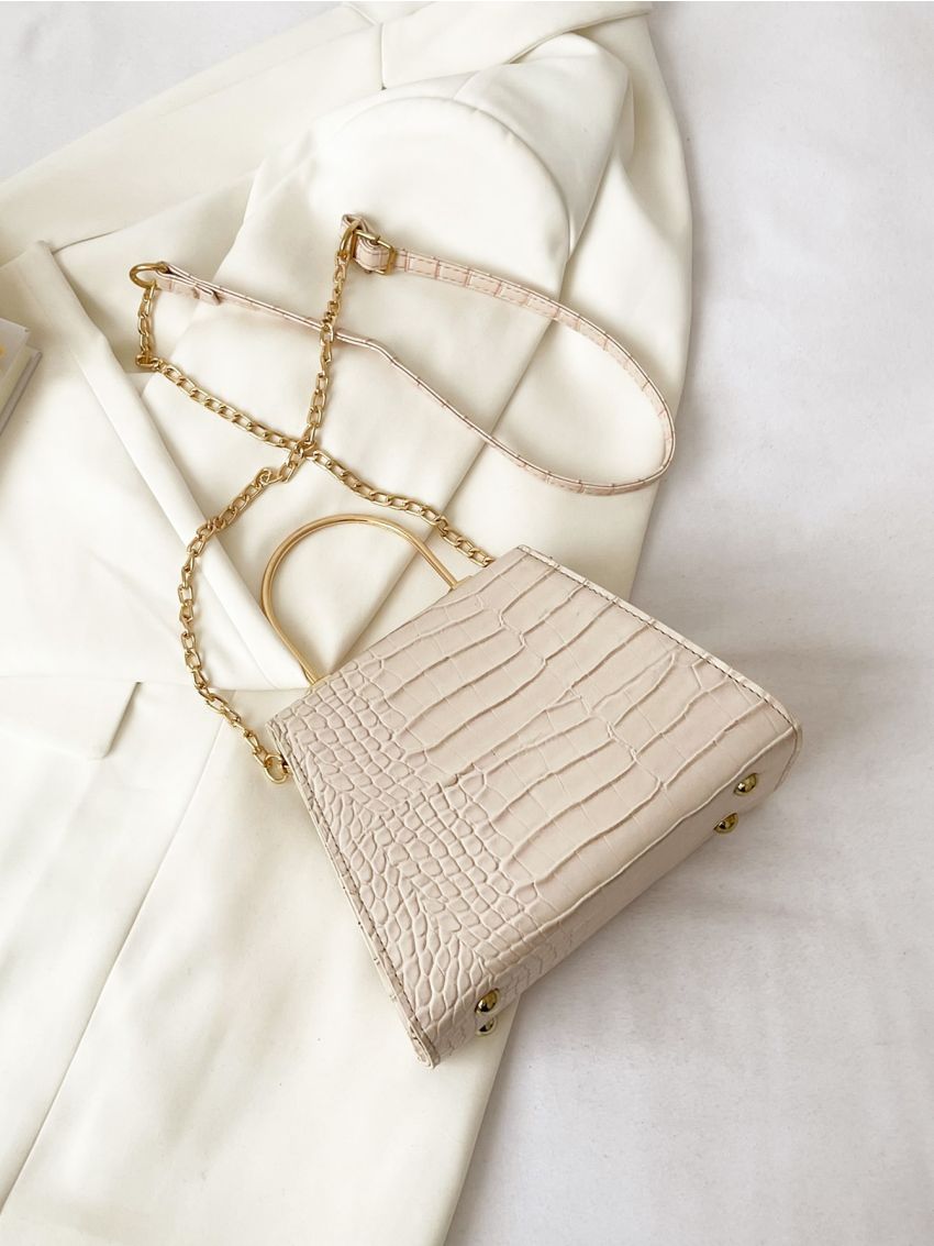 Mini Crocodile Embossed Metal Lock Flap Chain Square Bag